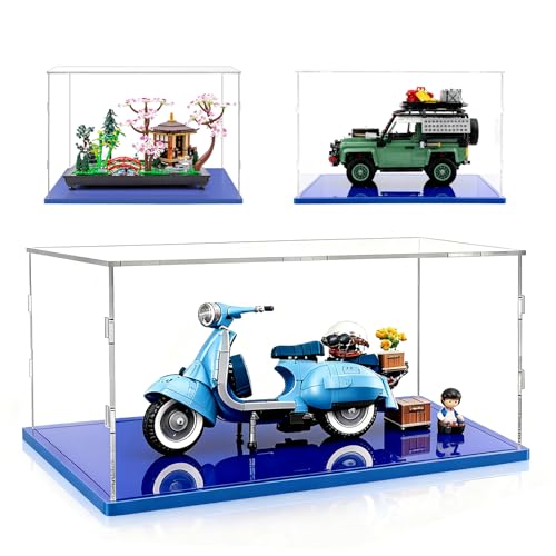 AAABOX Teca Espositiva 40x25x25 con Base Blu,3mm Acrilico Trasparente Antipolvere Vetrina per Giardino Tranquillo 10315 Land Rover Classic Defender 90 10317 Vespa 125 10298 RS Q e-Tron 42160