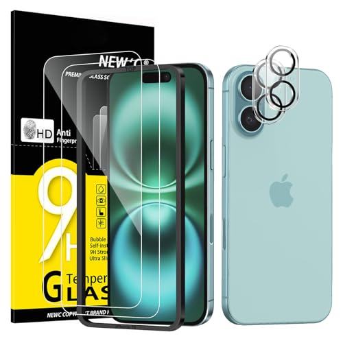 NEW'C 2 x Pellicola Vetro Temperato per iPhone 16 (6,1 pollici) e 2 x Pellicola Vetro Protettiva Fotocamera Posteriore per iPhone 16 - Ultra Resistente - Strumento di facile installazione incluso