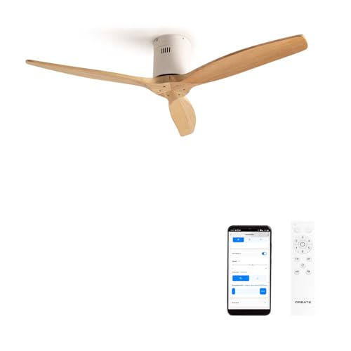 CREATE / WINDCALM DC/Ventilatore da soffitto con WIFI con motore DC bianco, con pale in legno naturale/Silenzioso, timer