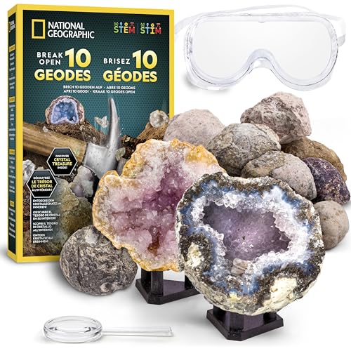 NATIONAL GEOGRAPHIC 10 geodi premium da rompere – Con occhiali e supporti – Kit scientifico STEM, regalo di geologia per bambini