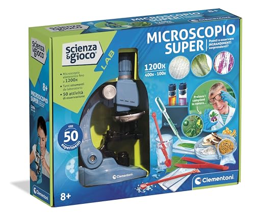 Clementoni Scienza e Gioco Lab - Microscopio Super, Kit Scientifico Bambini 8+ Anni, Laboratorio con Lenti di Ingrandimento Professionali 100x, 400x e 1200x, Lingua Italiana, 19228