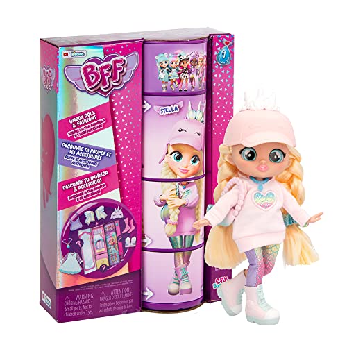 BFF BY CRY BABIES Stella, Bambola alla Moda da Collezione con Capelli Lunghi, Vestitini in Tessuto e 9 Accessori, Giocattolo per Bambini e Bambine +5 Anni