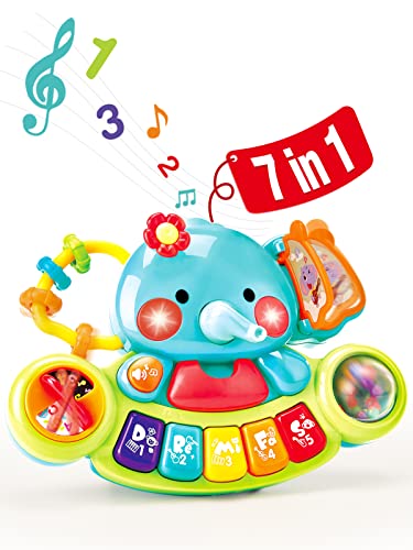 hahaland Giochi Musicali Bambini 6 Mesi - Giocattolo Attività Pianoforte Elefante con Musica e Luci, Pianola Neonato 6 9 12 Mesi Tastiera Educativa Neonata 1 anno