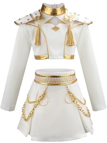 TRACYCY Bambina Costume Cosplay Anime Bianco Performance Show Uniforme Set Top e Gonna per Ragazze Natale Carnevale Halloween Festa Compleanno Mascherata Costume, 4-12 Anni, 130