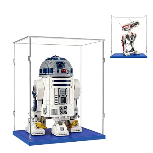 Teca Espositiva 25x25x35 con Base Blu,3mm Acrilico Trasparente Antipolvere Vetrina per R2-D2 75308 75379 BD-1 75335 Bumblebee 10338 Pop Mart 400% Figure Bambole