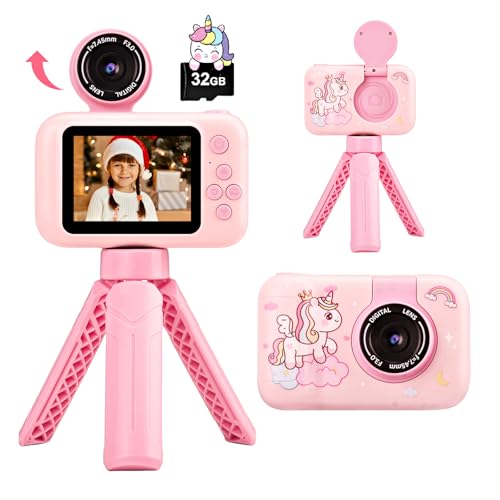 Fotocamera per Bambini con Treppiede, Macchina Fotografica Digitale Unicorno per Ragazze e Ragazzi 3-10 Anni, 1080P, Display IPS 2.4