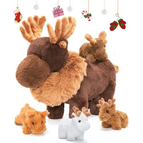 OUOZZZ Alce renna peluche, 32 cm, simpatica renna con 4 bambini nella pancia, decorazione regalo per Natale