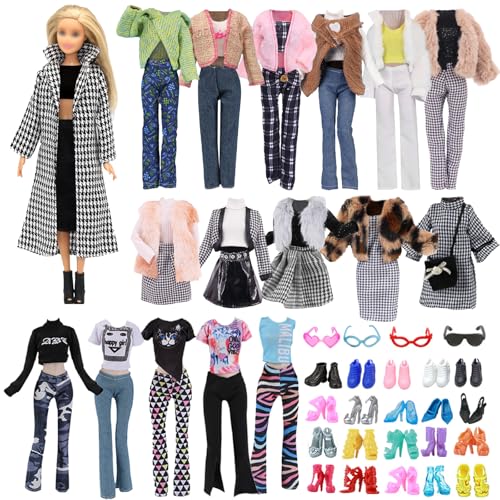 30 vestiti compatibili con Barbie bambole 1 mila uccello cappotto a quadri 2 cappotti invernali 4 top 1 maglione 2 gonne 3 pantaloni 1 cappello 2 occhiali 4 sneakers 10 tacchi alti, per bambole da