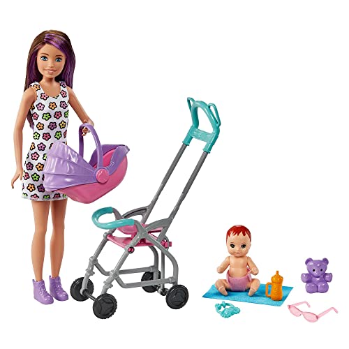 Barbie - Skipper Babysitter Playset con bambola Skipper babysitter (castana), passeggino, bebè e 5 accessori, Giocattolo per Bambini 3+ Anni, GXT34