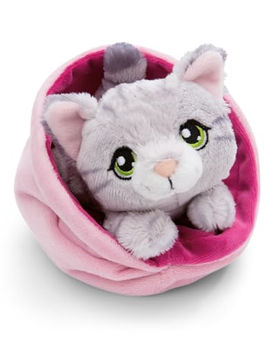 NICI LITTLE PAWS gatto di peluche 12cm soriano grigio in cestino rosa - Peluche di peluche, peluche da coccolare, giocare e amare - 61331