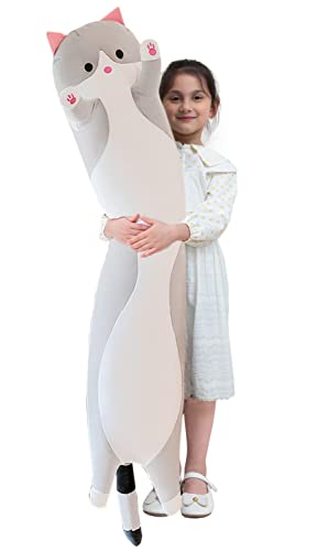 Kekeso Gatto Peluche Cuscino Lungo, Morbido Carino Gatto Cuscino Di Peluche, Gattino Ripiene Carino Peluche Regalo Per Bambini Fidanzata (90cm/35.4inc, Gray)