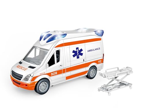 Teorema Giocattoli, Ambulanza Play City Scala 1:12, Giocattolo Pronto Intervento per Bambini, Veicolo di Emergenza con Luci, Suoni e Barella Regolabile, Macchinina Bambino a Frizione