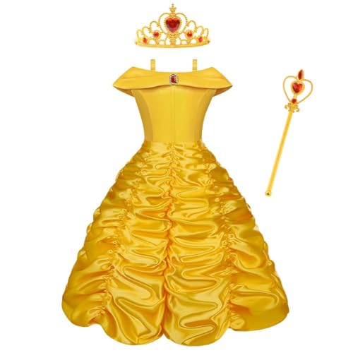 Vicloon Belle Cosplay Costume, Principessa Belle Carnevali Costume Vestito da Ragazza con Principessa Corona, Principessa Bacchetta, Festa di Compleanno Natale Holloween Cosplay Party, 120CM