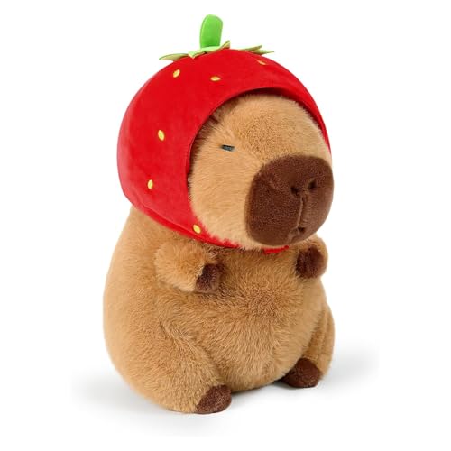 Peluche Capybara Bambola, 25cm Fragola Capibara plush con Zaino Tartaruga Giocattolo, Marrone Pupazzo Decorazioni Regalo per Bambini Adulti e adolescente, Peluche Capibara