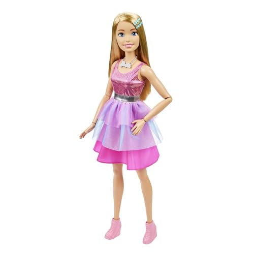 Barbie - Bambola grande con capelli biondi, alta 71 cm con abito rosa scintillante, collana, fermaglio per capelli e tanti accessori, giocattolo per bambini, 3+ anni, HJY02