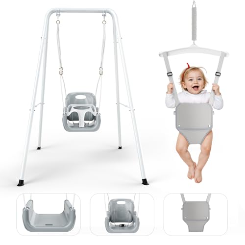 Arrampicate e altalene,4-in-1 Altalena da Giardino per Bambini,Giochi per Neonato da Interno/Esterno, Supporto in Metallo Pieghevole e Istruzioni Chiare(Bianco)