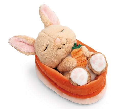NICI coniglio di peluche con carota 12 cm che dorme nel cestino - marrone - Morbido peluche, carino da coccolare e giocare, per bambini e adulti, un'ottima idea regalo - 61584