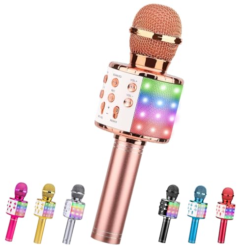 ShinePick Microfono Karaoke Bambini, Microfono Wireless con LED Flash, Portatile Karaoke Player con Altoparlante per Android/iOS, PC e Smartphone(Oro Rosa)