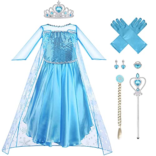 Vicloon Elsa Costume Ragazze Principessa, 5 PCs Principessa Elsa Costume, Vestito da Festa di Compleanno, Elsa Vestito Set da Principessa Corona e Bacchetta, Cosplay Party Halloween-100