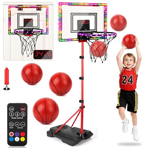 Canestro Basket Bambini, Canestro Basket da Sopra la Porta con Elettronico Punteggio Record, Luce LED, Suoni di Tifo, Altezza Regolabile, Giocattolo per Interno Esterno, Regali Bambino 3 4 5+ Anni