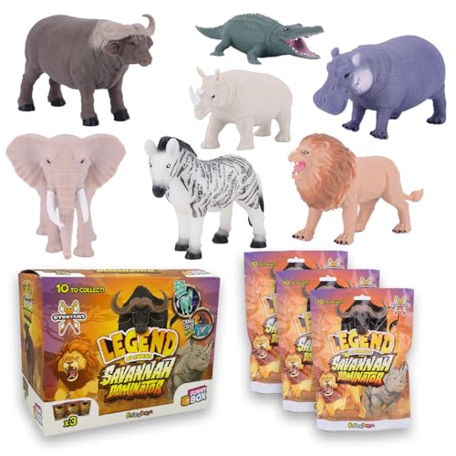 Sbabam FUNNY BOX Legend of Animals Savannah Dominator, Animali Giocattolo per Bambini, 3 Pz, Giochi per Bambini da Edicola, Morbidi Pupazzetti Allungabili Elefante, Leone e Altri con Effetti Speciali