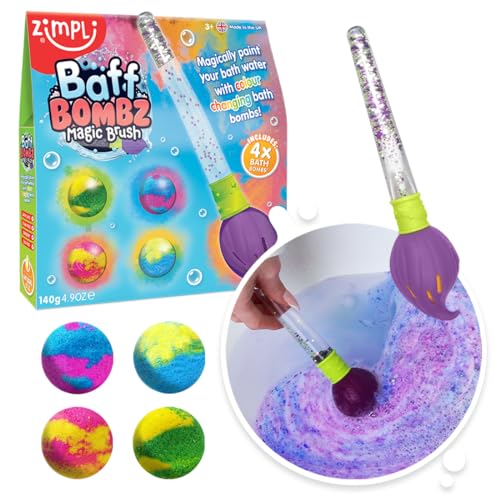 ZIMPLI - Spazzola magica Baff Bombz, 4 bombe da bagno, per dipingere magicamente l'acqua del bagno, giocattolo creativo per bambini, regalo di compleanno per bambini e bambine