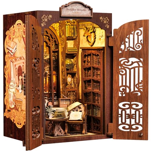 Cutefun Book Nook - DIY Case delle bambole Kit, Reggilibri Scaffale Inserto Decorazione con Luce LED,Kit di Costruzione di Modellini in Legno per Casa delle Bambole diy(Bookshop Memories)
