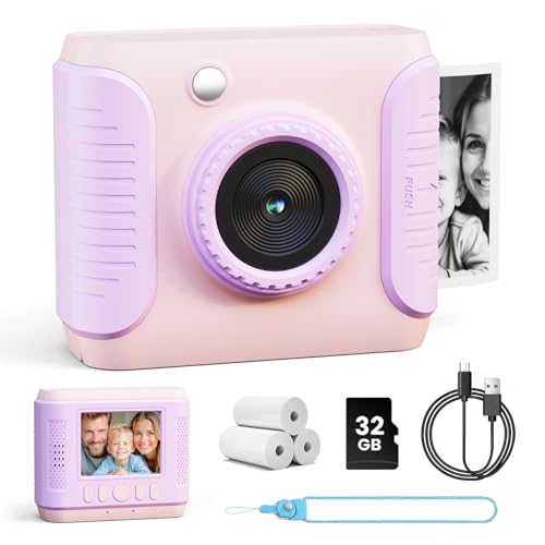 CalineGam Macchina Fotografica Bambini Istantanea, HD 1080P Fotocamera Istantanea per Bambini con Scheda 32G e Carta Fotografica, Regalo per Ragazze Ragazzi da 3-12 Anni (Rosa)