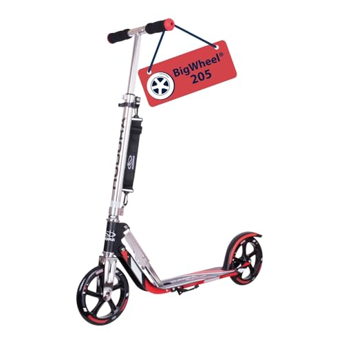 HUDORA Monopattino BigWheel 205 - in alluminio resistente - Monopattino pieghevole regolabile con cavalletto - sportivo per bambini e adulti fino a 100 kg - nero/rosso