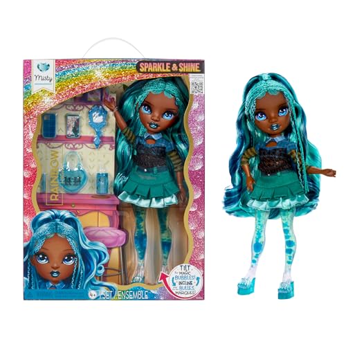 Rainbow High Sparkle & Shine Doll - Misty - Bambola fashion di 28 cm con capelli blu e bolle magiche sulle gambe, colore, stile, gioco, collezionabile, Età 4-12 anni