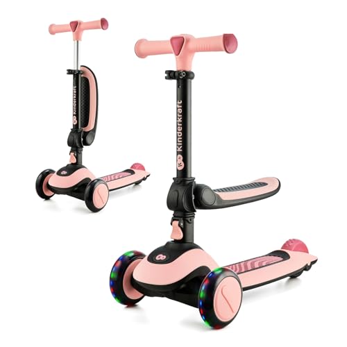 Kinderkraft HALLEY 2 in 1 Bicicletta Senza Pedali e Monopattino con Ruote LED, Manubrio Regolabile, Piattaforma Antiscivolo, Leggera e Sicura per Bambini, Rosa