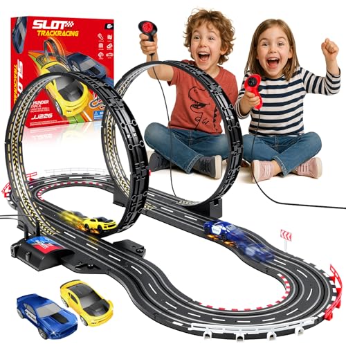 YOOHBERRYS Pista Macchine Telecomandate, 1:64 Piste Elettriche Piste Auto Con 2 Macchine, USB, Comandi, Contatore, Passaggio A 360°, Giocattoli Regali Piste da Corsa Bambini 3 4 5 6 7 8 Anni (308CM)