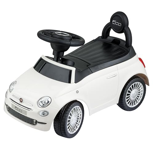 Baroni Toys Macchinina Fiat 500 Cavalcabile Bambini dai 12 ai 36 Mesi, Volante con Clacson e Suoni, Vano Portaoggetti e Schienale, Auto Bambino Bambina per Imparare a Camminare, Bianco, 28x60x23 cm