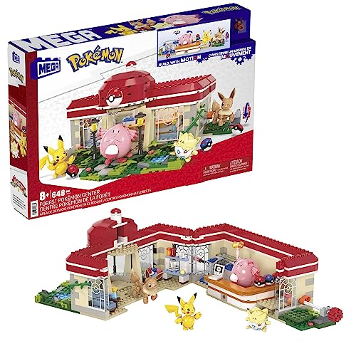 MEGA Pokémon - Centro Pokémon, set da costruire con 648 pezzi e sistema Mattoncino movimento, include Pikachu, Chansey, Evee e Togepi, giocattolo per bambini, 8+ anni, HNT93