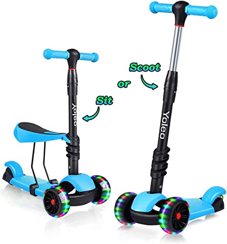 YOLEO Monopattino per Bambini 3-in-1, Monopattino 3 Ruote Lampeggianti in LED, Kids Scooter, Con Sedile Estraibile/Monopattino Bambini 2 a 8 Anni, Carico Massimo 50 Kg, Regalo per Bambini (Blu)