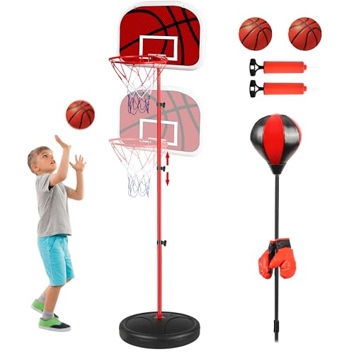 Aragallant Canestro Basket Bambini, Sacco da Boxe con e Guantini, 2-in-1 Giochi da Esterno Altezza Regolabile per Bambini con 2 Basketball, Facile da Montare, Regali per Bambino ed Bambina 4+ Anni