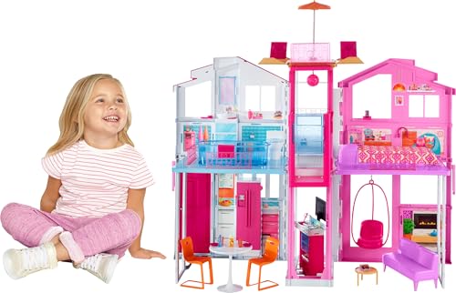 Barbie - La Casa a 3 piani, playset con ascensore e altalena, mobili e accessori inclusi, chiudibile per il trasporto, giocattolo per bambini, 3+ anni, DLY32