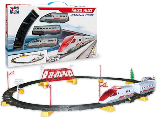 Teorema Giocattoli Freccia Veloce Pista Trenino Elettrico, Treno Giocattolo per Bambini con Luci, Circuito 230cm con Ponte e Accessori Realistici, Facile da Montare, Bianco/Rosso