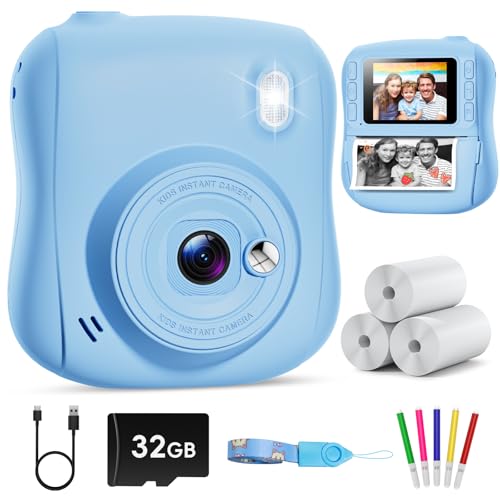 Hangrui Macchina Fotografica Bambini Istantanea, 2,0 Pollici Fotocamera Istantanea Bambini con 32GB Scheda, 1080P Fotocamera Digitale, Giocattolo Regalo di Natale Bambino 3-10 Anni -Blu