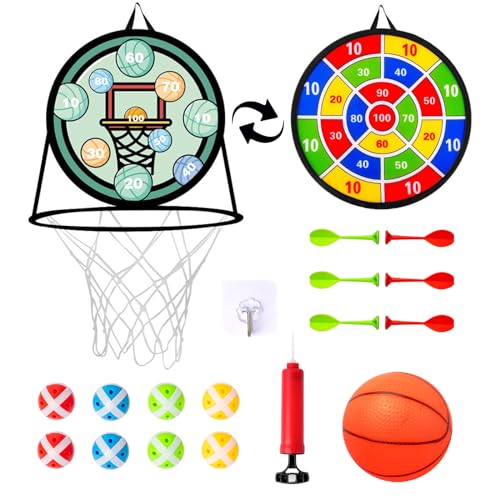 Bersaglio per freccette per bambini, con supporto da basket, bersaglio doppio lato con palline appiccicose, freccette, pallacanestro gonfiabile, agganciabile, per interni ed esterni, gioco di lancio