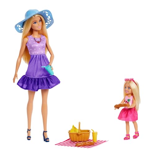 Barbie - Famiglia e Amici, set con bambole Barbie Malibu e la piccola Chelsea, più di 9 accessori e abiti a tema picnic inclusi, giocattolo per bambini, 3+ anni, JBF43