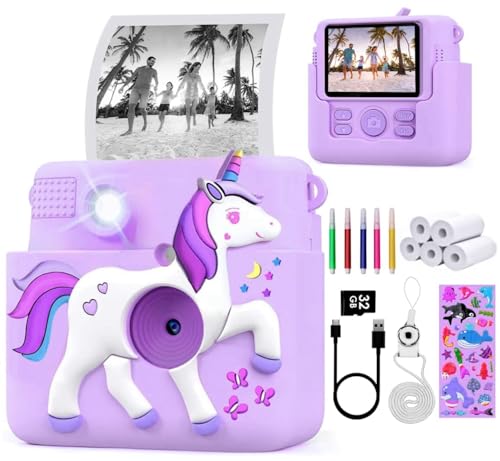 FUNKAM Macchina Fotografica Bambini Istantanea, con scheda SD 32GB, 5 pennarelli, adesivi, 5 rotoli di carta, ciondolo & Custodia Unicorno. Fotocamera Bambini e ragazze dai 3 ai 14 anni. (Viola)