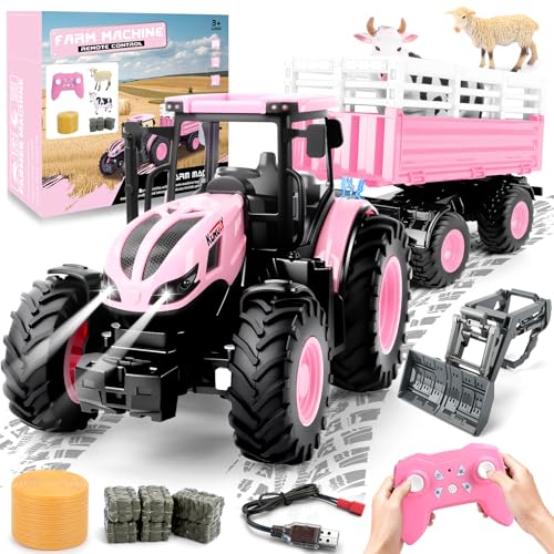 YOOHBERRYS RC Trattore Telecomandato per Bambini, 2,4 GHz Trattore Radiocomandato con Rimorchio Elettrico e Luce, 1:24 Giocattolo per Bambini 3 4 5 anni