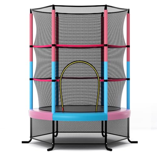 COSTWAY Trampolino Elastico Bambino in Acciaio, Tappeto Elastico Bambini da Esterno e da Interno, con Rete e Cusicnetti Antiscivolo (Rosa e blu,165 x 191 cm)