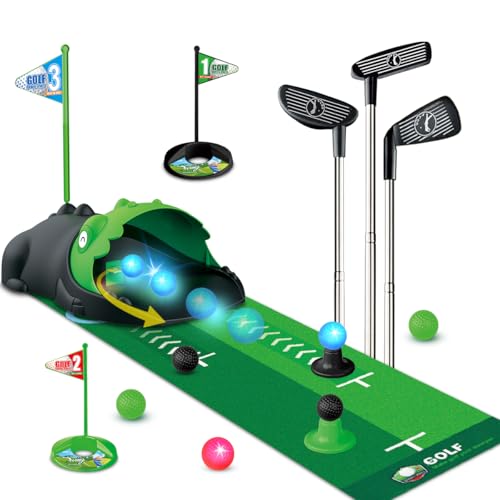 TERRAMUS Set da Golf Giocattolo per Bambini Dinosauro Automatico, Palline da Golf notturne Illuminate a LED, 3 Mazze, Tappetino da Putting, 3-8 minigolf, Giocattoli Sportivi da Interno ed Esterno