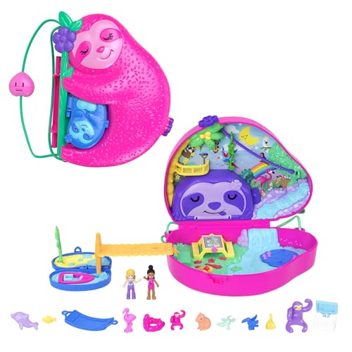Polly Pocket - Borsetta Dolce Bradipo, playset 2 in 1 Mamma e Cucciolo, cofanetto da viaggio con 2 micro bambole e 12 accessori inclusi tra cui 8 cuccioli, giocattolo per bambini, 4+ anni, HRD40