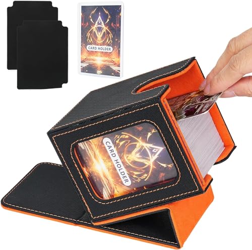 IVODEELA Deck Box con Due Divisori,Magnetic Flip Deck Box Magic mit Display per MTG Magic Commander TCG,Porta Deck Capacità di 100+ Carte,Pelle PU Deckbox,Nero Arancione