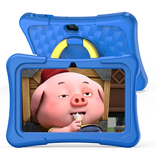 PRITOM Tablet per bambini 7 pollici Android 11, 2 GB RAM 32 GB ROM BT WiFi Doppia fotocamera Giochi educativi Controllo genitori Software con custodia per tablet di tipo C blu