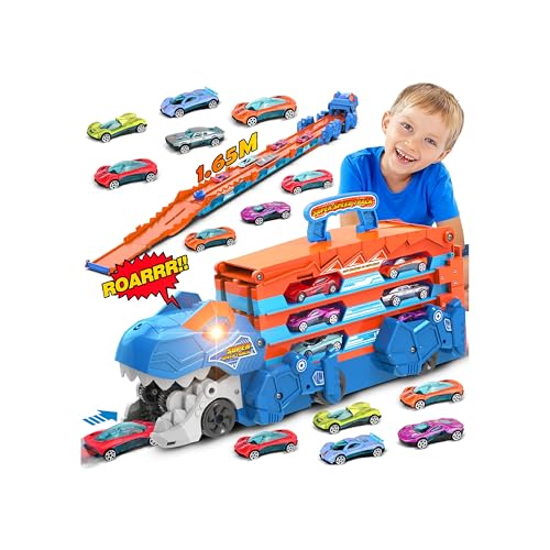 TERRAMUS 3 in 1 espulsione pieghevole traccia auto giocattolo con 8 auto da corsa, dinosauro trasporto camion giocattolo auto giocattolo per bambini – vetture portatili giocattolo Race Cars Set