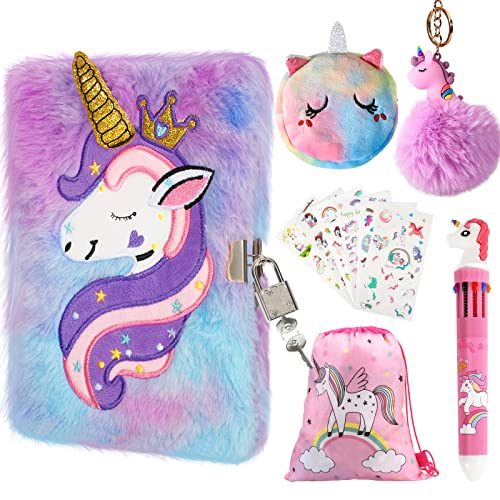 homicozy Diario Segreto Bambina con Lucchetto e Chiave, 11PCS Diario Peluche Cancelleria Set, 160 Pagine A5 Privato Quaderno Con 6 Colori Penna, Taccuino Unicorno Regalo per Ragazza7 8 9 10 Anni
